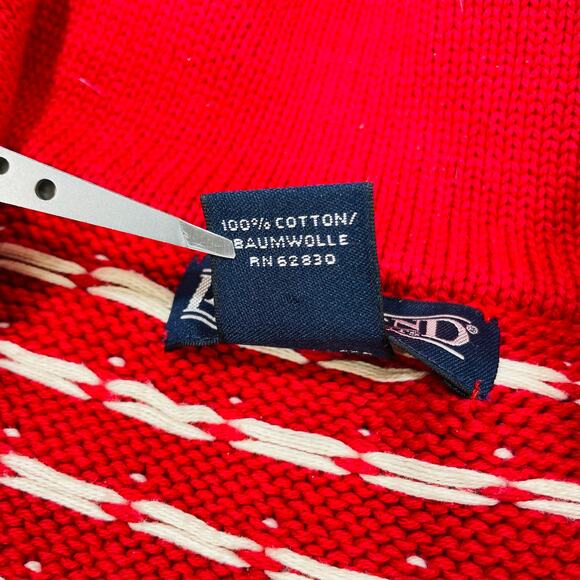 Lands End Sweater Mend Large Red Knit 1/4 Quarter Zip Nordic Fair Isle Cotton - Picture 6 of 10